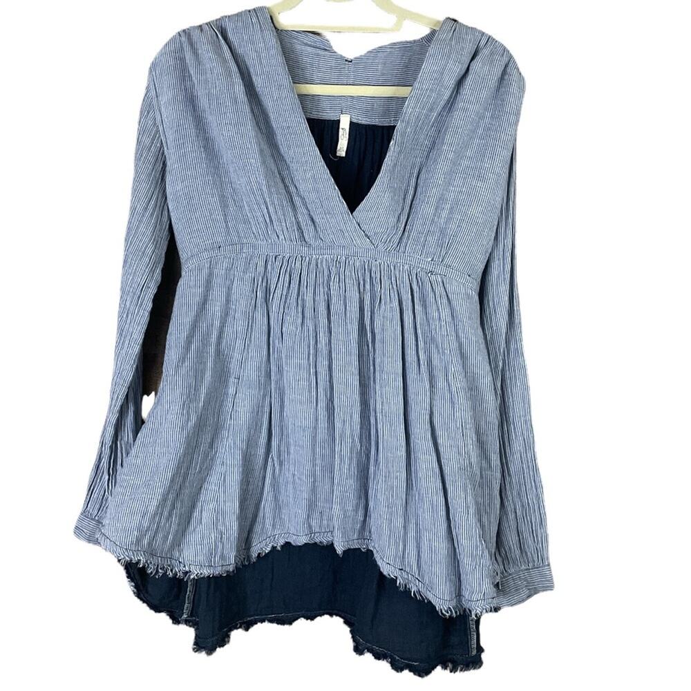 Free People All Who Wander Blouse Long Sleeve Top Blue White Striped Size Small